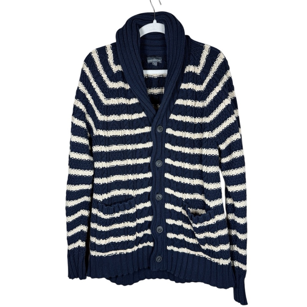 L.L. Bean Signature Fisherman Shawl Collar Striped Cardigan Sweater Preppy Sz L